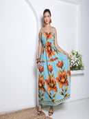 Vestido Longo Floral com Lastex e Alças de Amarrar