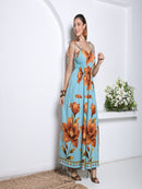 Vestido Longo Floral com Lastex e Alças de Amarrar