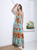 Vestido Longo Floral com Lastex e Alças de Amarrar