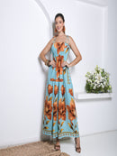 Vestido Longo Floral com Lastex e Alças de Amarrar
