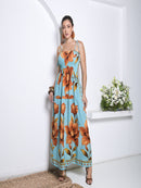 Vestido Longo Floral com Lastex e Alças de Amarrar