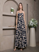 Vestido Longo Geometrica  com Alças Finas e Elastex nas Costas  Tamanho Único