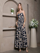 Vestido Longo Geometrica  com Alças Finas e Elastex nas Costas  Tamanho Único