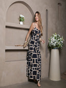 Vestido Longo Geometrica  com Alças Finas e Elastex nas Costas  Tamanho Único