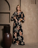 Vestido Longo Feminino Estampado Manga Ampla Preto