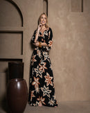 Vestido Longo Feminino Estampado Manga Ampla Preto