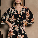 Vestido Longo Feminino Estampado Manga Ampla Preto