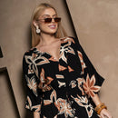 Vestido Longo Feminino Estampado Manga Ampla Preto