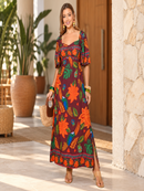 Vestido Feminino Estampado Decote Quadrado