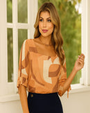 Blusa Estampada Boho com Decote Quadrado e Amarração nas Mangas3/4 Marrom