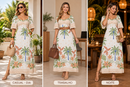 Vestido Feminino Estampado Decote Quadrado Branco