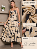 Vestido Longo Geometrica  com Alças Finas e Elastex nas Costas  Tamanho Único