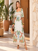 Vestido Feminino Estampado Decote Quadrado Branco