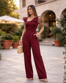 Macacão Feminino Elegante Pantalona com Bolso Marsala