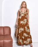 Vestido Estampado Midi Alça Fina Verão Casual Elegante - Marrom