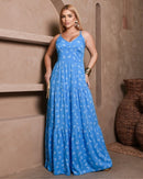 Vestido Longo Feminino Azul e Branco com Bojo e Estampa Delicada