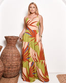 Vestido Longo Estampado com Bojo e Alças Finas