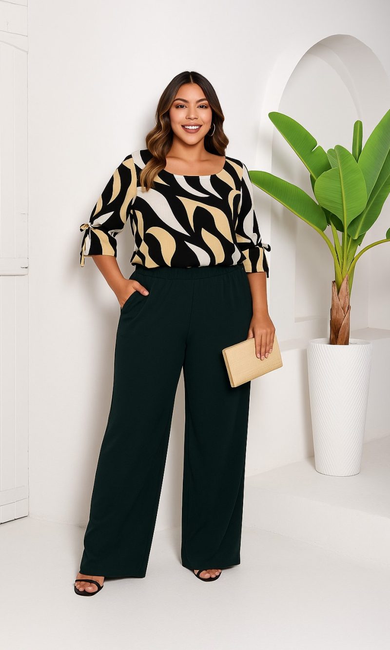 blusa estampada boho com decote quadrado e amarração nas mangas3/4