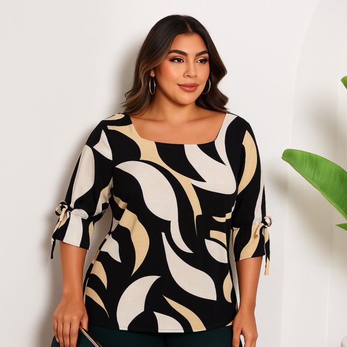 blusa estampada boho com decote quadrado e amarração nas mangas3/4 blusa estampada boho com decote quadrado e amarração nas mangas3/4