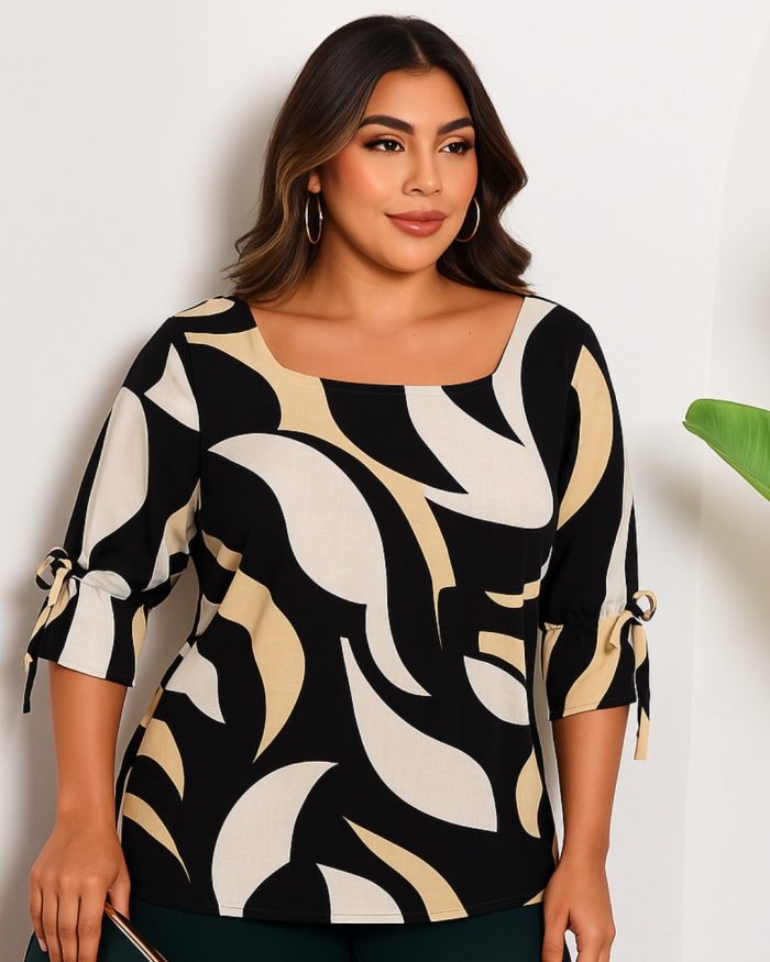 blusa estampada boho com decote quadrado e amarração nas mangas3/4