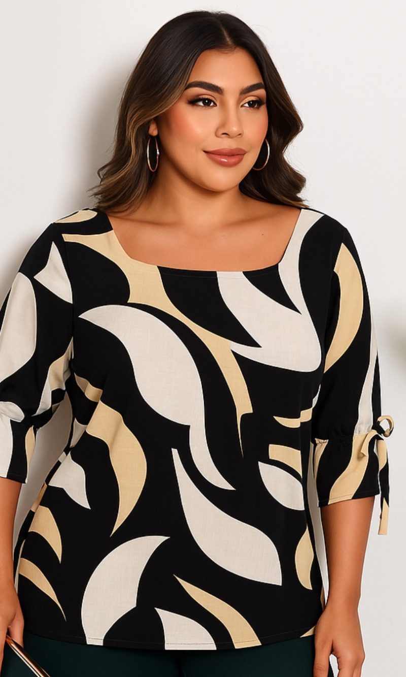 blusa estampada boho com decote quadrado e amarração nas mangas3/4