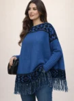 blusa poncho de tricÔ azul