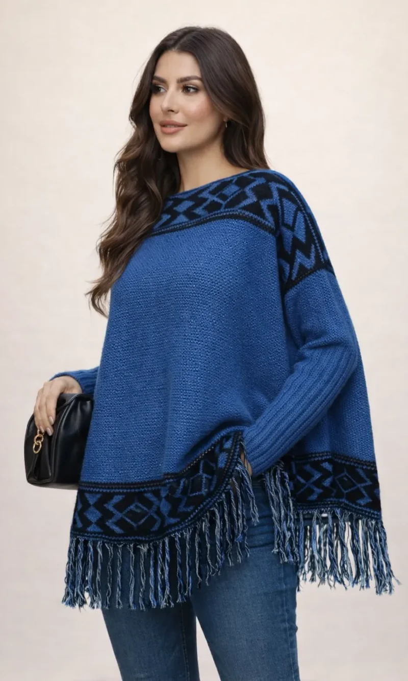 blusa poncho de tricÔ azul