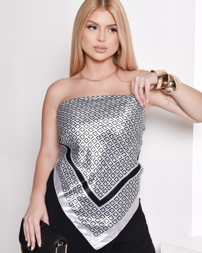 lenço de cetim estampado 90x90 – versátil e sofisticado branco e preto