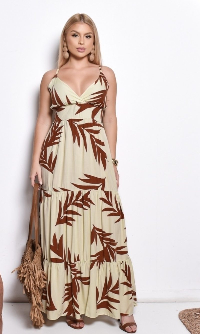 vestido longo feminino estampado tropical – alças finas, confortável e elegante para verão