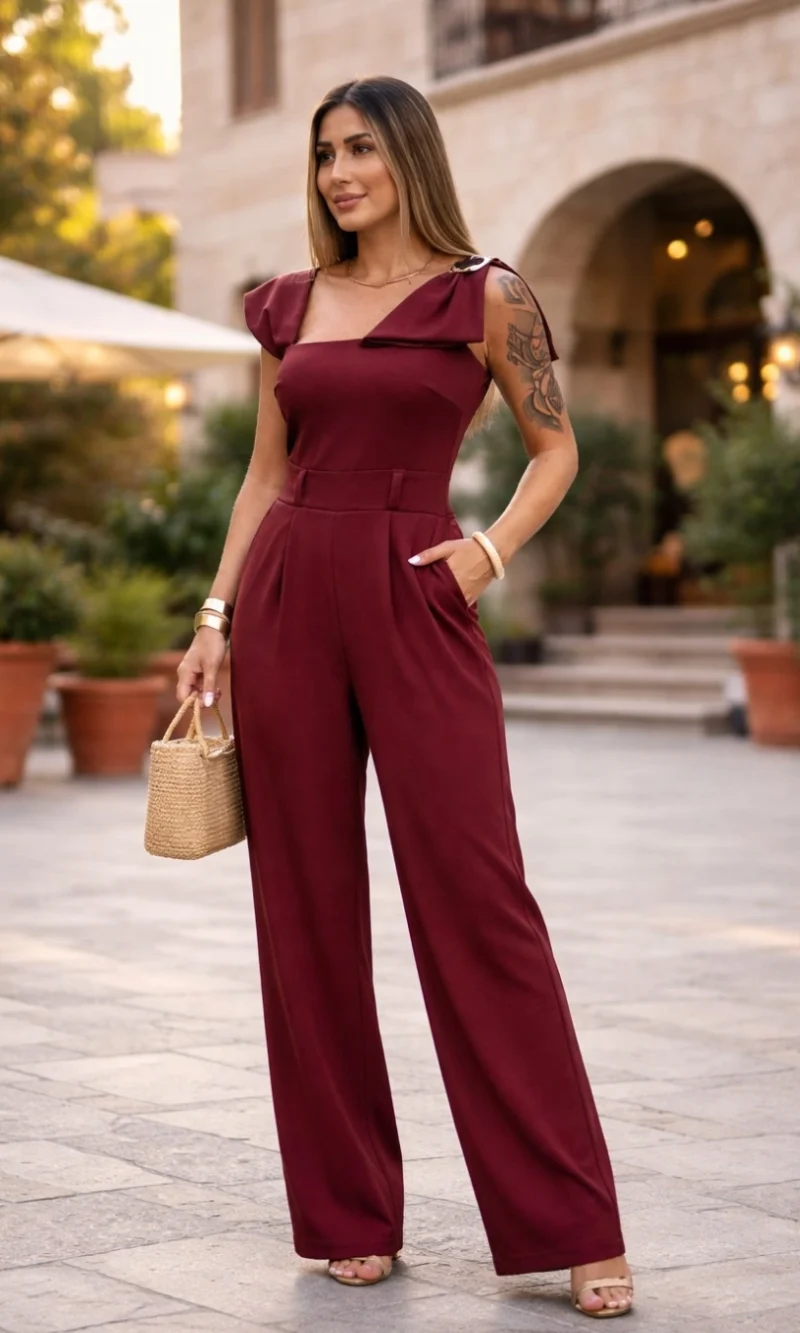 macacão pantalona estampado bege feminino – modelagem elegante e confortável