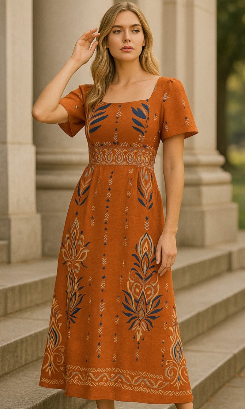 Vestido Midi Marrom com Estampa Étnica – Feminino e Charmoso