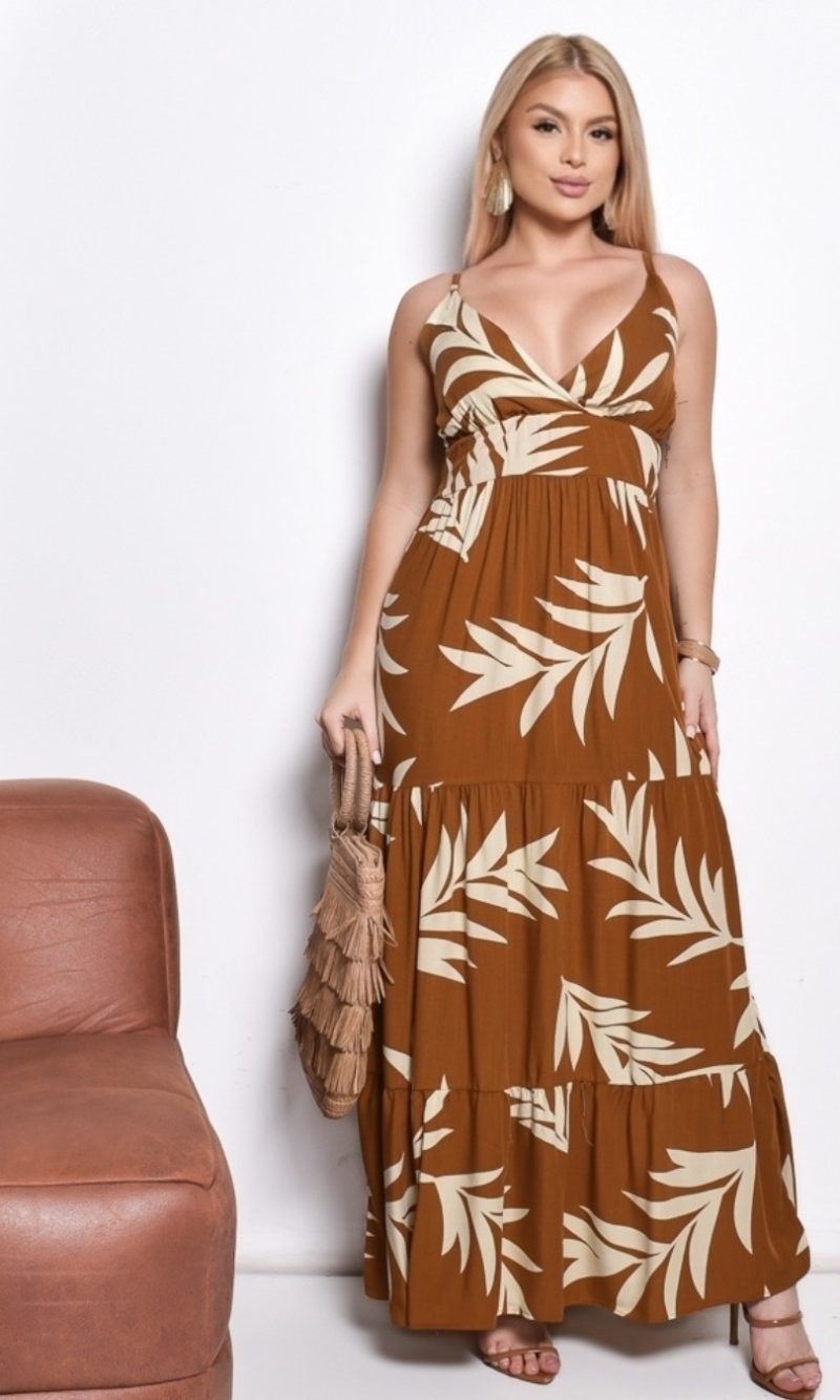 vestido estampado midi alça fina verão casual elegante azul