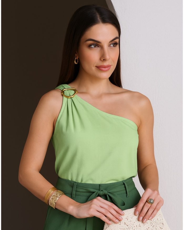 blusa feminina um ombro só com argola dourada – diversas cores
