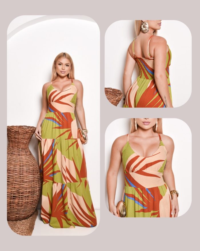 vestido longo estampado com bojo e alças finas vestido longo estampado com bojo e alças finas