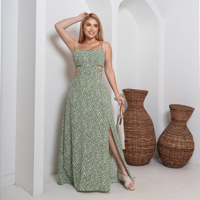 vestido longo feminino com recortes laterais – estampa verde floral vestido longo feminino com recortes laterais – estampa verde floral