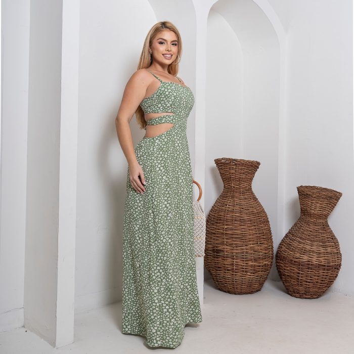 vestido longo feminino com recortes laterais – estampa verde floral vestido longo feminino com recortes laterais – estampa verde floral
