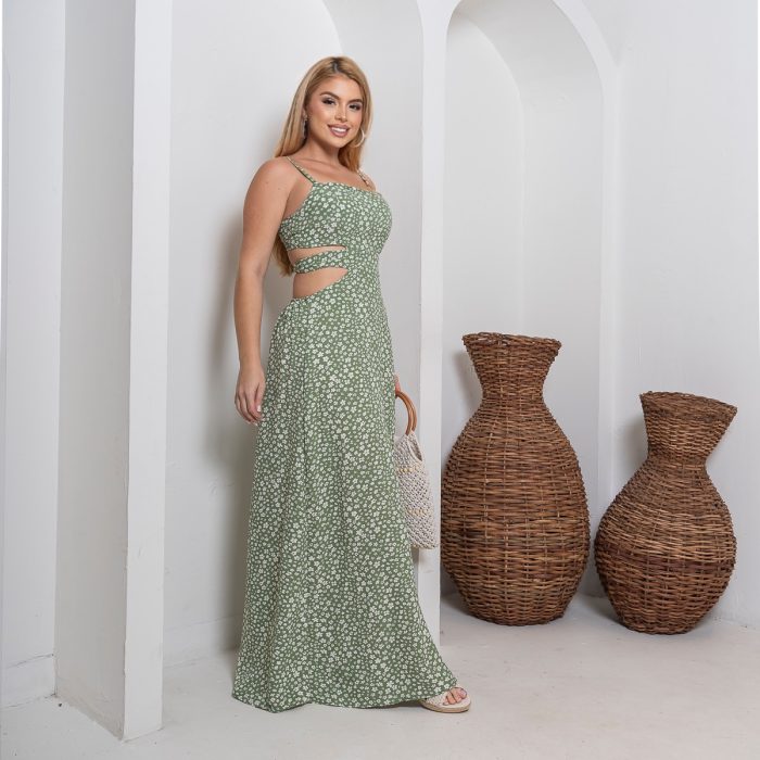 vestido longo feminino com recortes laterais – estampa verde floral verde, m vestido longo feminino com recortes laterais – estampa verde floral verde, m