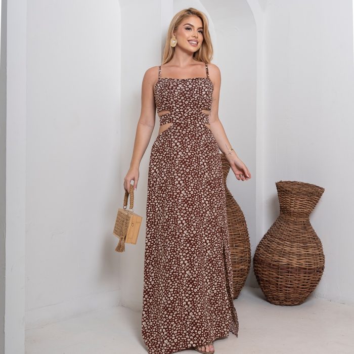 vestido longo com recortes laterais – estampa marrom floral vestido longo com recortes laterais – estampa marrom floral
