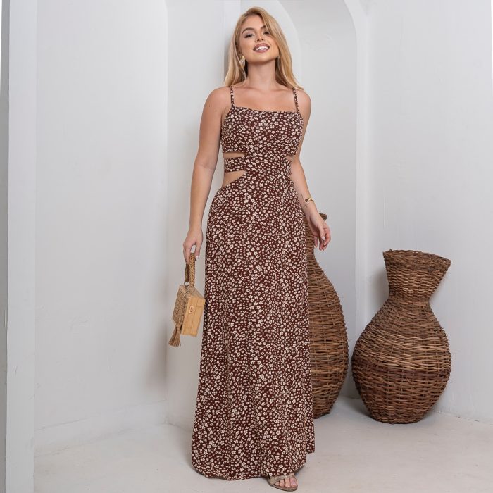 vestido longo com recortes laterais – estampa marrom floral vestido longo com recortes laterais – estampa marrom floral