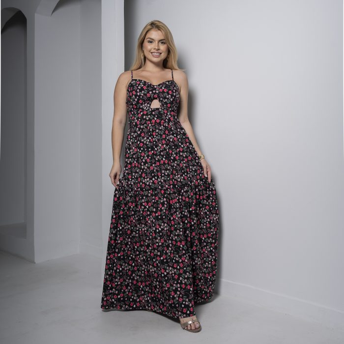 vestido longo preto floral com bojo e alças finas – tamanho Único vestido longo preto floral com bojo e alças finas – tamanho Único