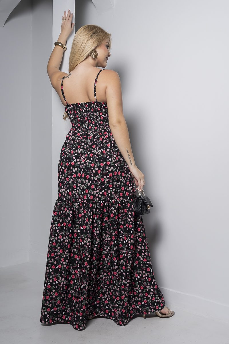 vestido longo preto floral com bojo e alças finas – tamanho Único