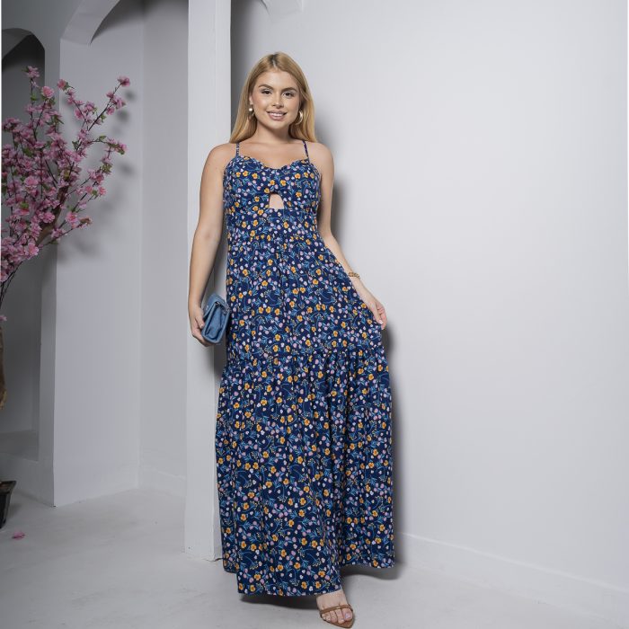vestido longo azul floral com bojo e alças finas – tamanho Único vestido longo azul floral com bojo e alças finas – tamanho Único