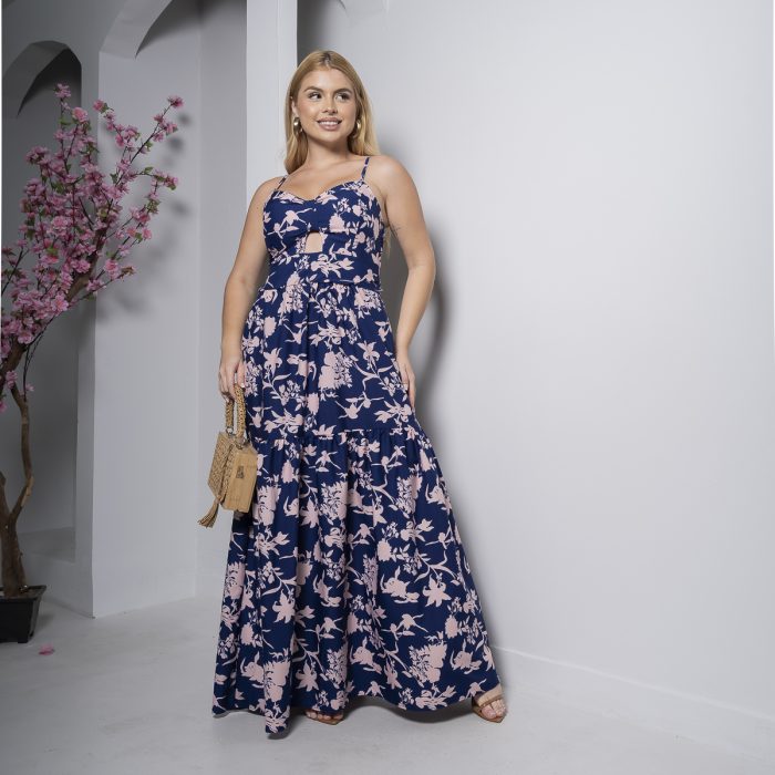 vestido longo azul marinho floral com bojo e alças finas – tamanho Único vestido longo azul marinho floral com bojo e alças finas – tamanho Único