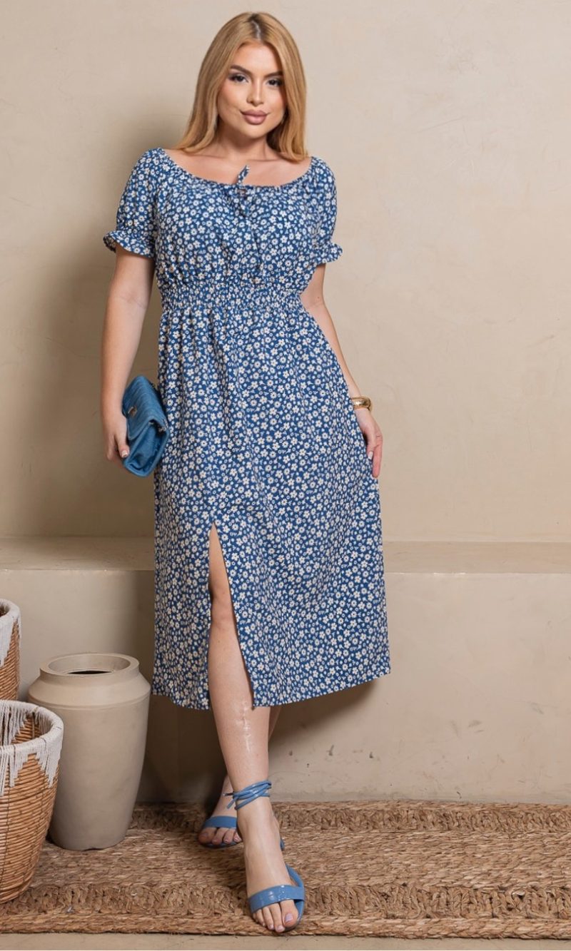 vestido ciganinha midi floral azul e branco – tamanho Único (veste do 40 ao 44)