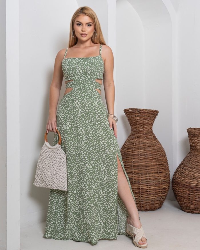 vestido longo feminino com recortes laterais – estampa verde floral vestido longo feminino com recortes laterais – estampa verde floral