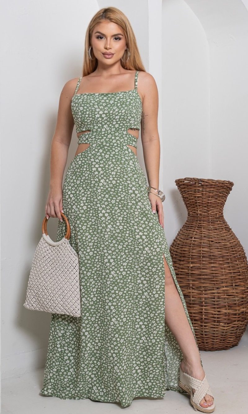 vestido longo feminino com recortes laterais – estampa verde floral