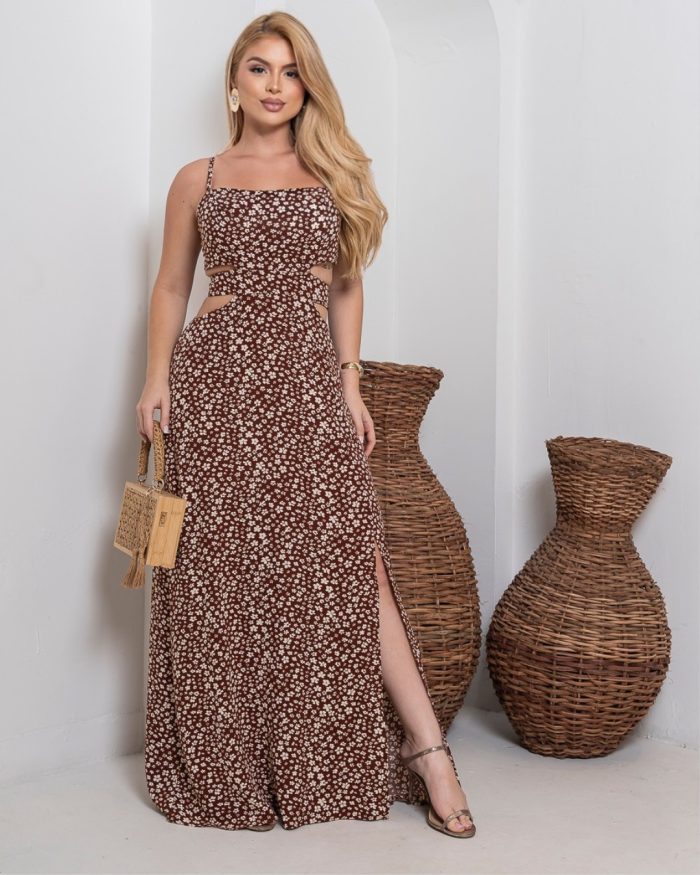 vestido longo com recortes laterais – estampa marrom floral