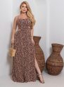 vestido longo com recortes laterais – estampa marrom floral