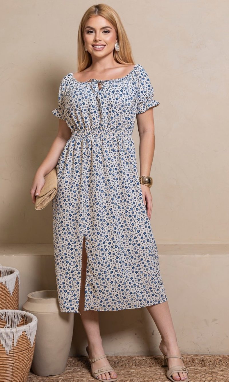 vestido ciganinha floral – tamanho Único azul e branco