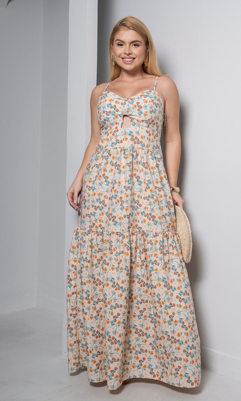 vestido longo floral com bojo e alças finas – tamanho Único